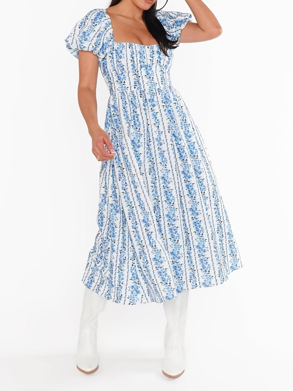Show Me Your Mumu Belle Blue Bliss Stripe midi dress square neckline puff sleeve